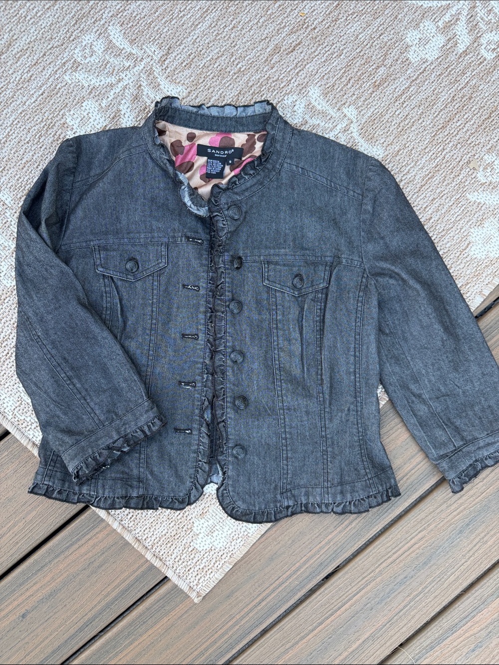 Sandro womens Charcoal Denim Ruffle-Trim Jacket